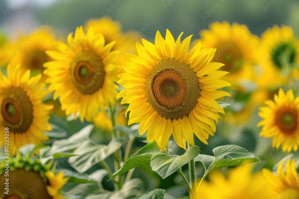 A field of vibrant yellow sunflowers with one flower in focus, highlighting the beauty of nature - Generative ai A field of vibrant yellow sunflowers with one flower in focus, highlighting the beauty of nature - Generative ai