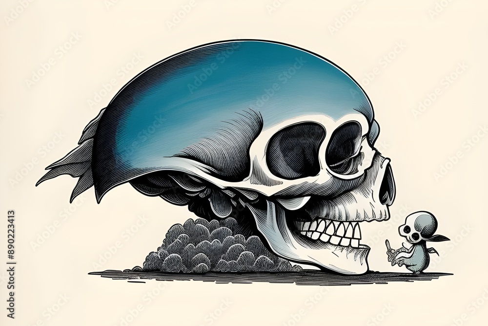 Fototapeta premium a hand drawn illustration of a human skull, tattoo art, whimsical, bones, cranium, design, decorative, creative, linework, shading, gothic, fantasy, surreal, macabre, anatomical, bohemian, ornamental,