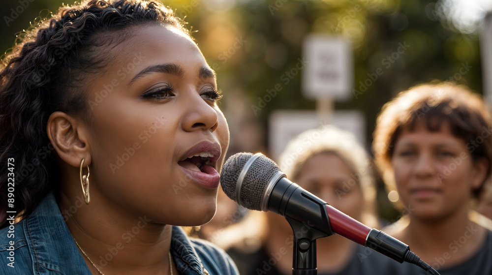 emotional power of music in activism. vocalist singing into a microphone at a peaceful rally emotional power of music in activism. vocalist singing into a microphone at a peaceful rally
