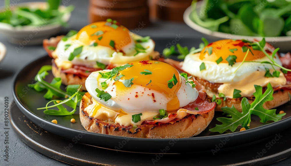 Brunch photography, beautifully arranged eggs benedict Brunch photography, beautifully arranged eggs benedict