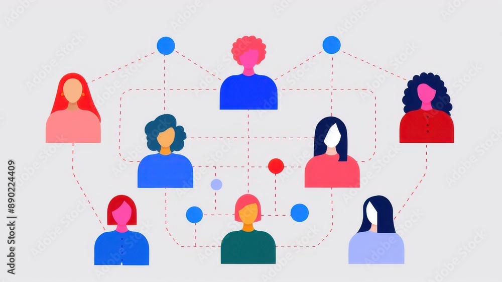 Illustration of Diverse Individuals Connected in a Digital Network with Nodes and Dashed Lines on White Background Illustration of Diverse Individuals Connected in a Digital Network with Nodes and Dashed Lines on White Background