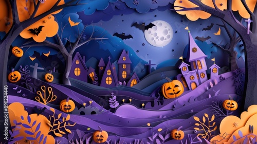 3D Quilled Paper Art Purple Halloween Background with Haunted Castle, Jack-o-lanterns and bats.