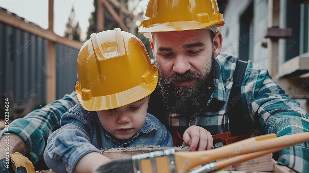 Dad and son in yellow construction helmets are fixing something together in the garden Dad and son in yellow construction helmets are fixing something together in the garden