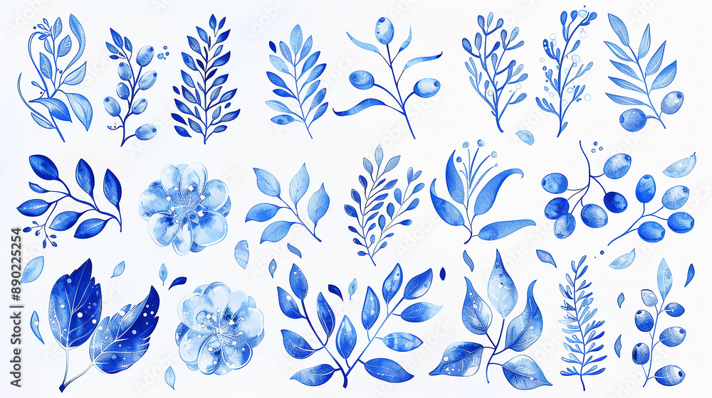 set of blue watercolor olive elements including olive branches and olive fruits of various shapes and sizes set of blue watercolor olive elements including olive branches and olive fruits of various shapes and sizes