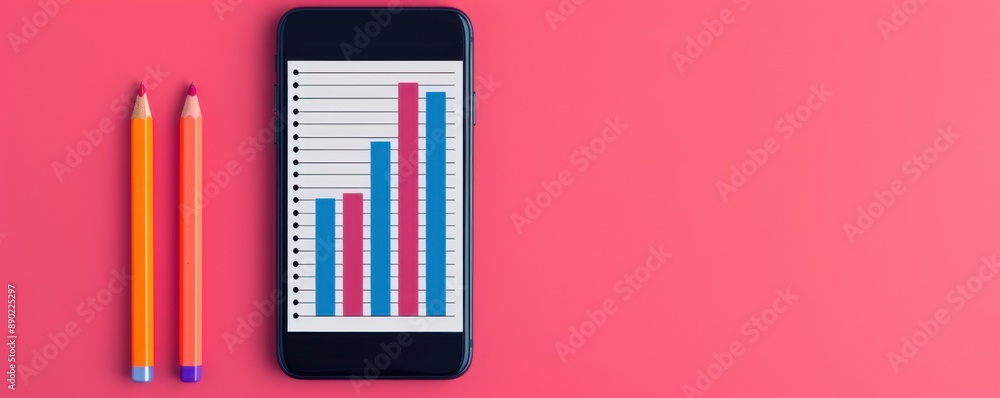Smartphone displaying bar graphs for business analytics next to orange and pink pencils on a vibrant pink background. Smartphone displaying bar graphs for business analytics next to orange and pink pencils on a vibrant pink background.