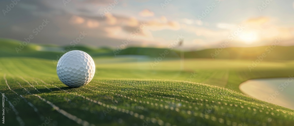 Modern Golf Concept: Ball on Green at Sunset with Digital Art Elements Modern Golf Concept: Ball on Green at Sunset with Digital Art Elements