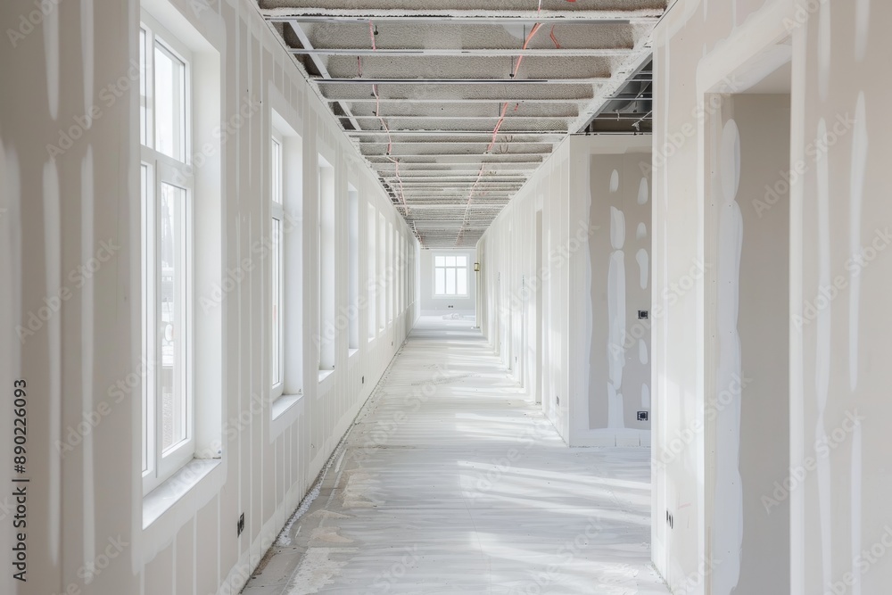Obraz premium Long empty corridor in a new building under construction, with white walls and ceiling with beams and tiles.