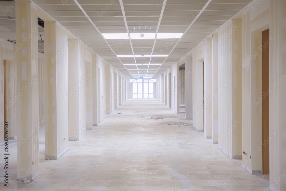 Long empty corridor in a new building under construction, with white walls and ceiling with beams and tiles. Long empty corridor in a new building under construction, with white walls and ceiling with beams and tiles.