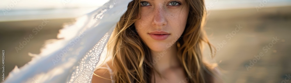 Portrait of a Young Woman with Freckles and Long Hair on a Beach at Sunset, Covered by a White Lace Veil Portrait of a Young Woman with Freckles and Long Hair on a Beach at Sunset, Covered by a White Lace Veil