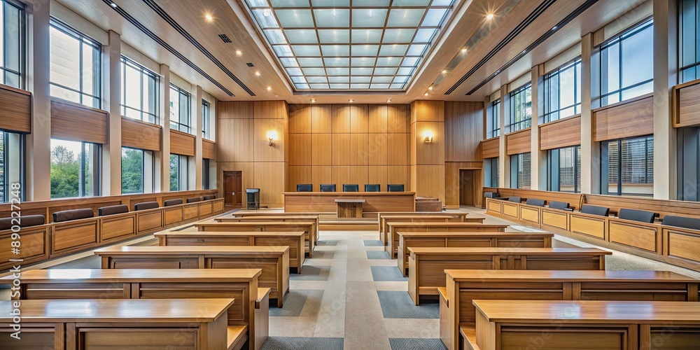 Obraz premium Empty, modern law court with wooden benches and a majestic window in the foreground, allowing natural light to illuminate the solemn atmosphere.