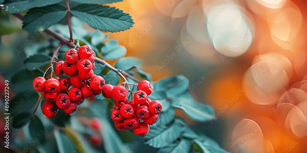 Rowan berries and leaves on a branch in autumn, with sour but vitamin C-rich berries, on a blurred background Rowan berries and leaves on a branch in autumn, with sour but vitamin C-rich berries, on a blurred background
