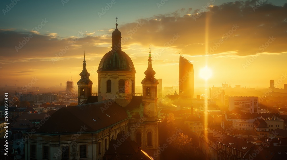Stunning Sunrise Over Historic Cityscape with Church and Modern Buildings in the Background Stunning Sunrise Over Historic Cityscape with Church and Modern Buildings in the Background