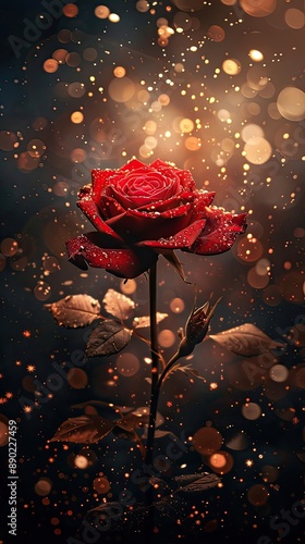 black, red, gold, elegant abstract with red rose on blurred background #890227459