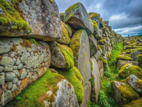 Rough, weathered Cyclopean stones display intricate, natural textures and moss growth in crevices, revealing the passage of time and the elements' subtle yet powerful impact. photo