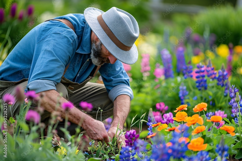 Fototapeta premium A_gardener_planting_flowers_in_a_colo