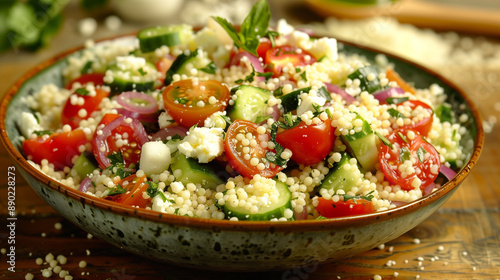 Couscous salad with cherry tomatoes cucumber red onion feta cheese and lemon vinaigrette