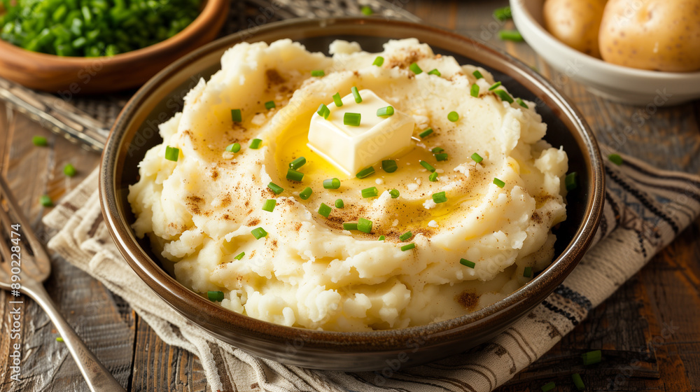 Bowl of creamy mashed potatoes with butter and chives Bowl of creamy mashed potatoes with butter and chives