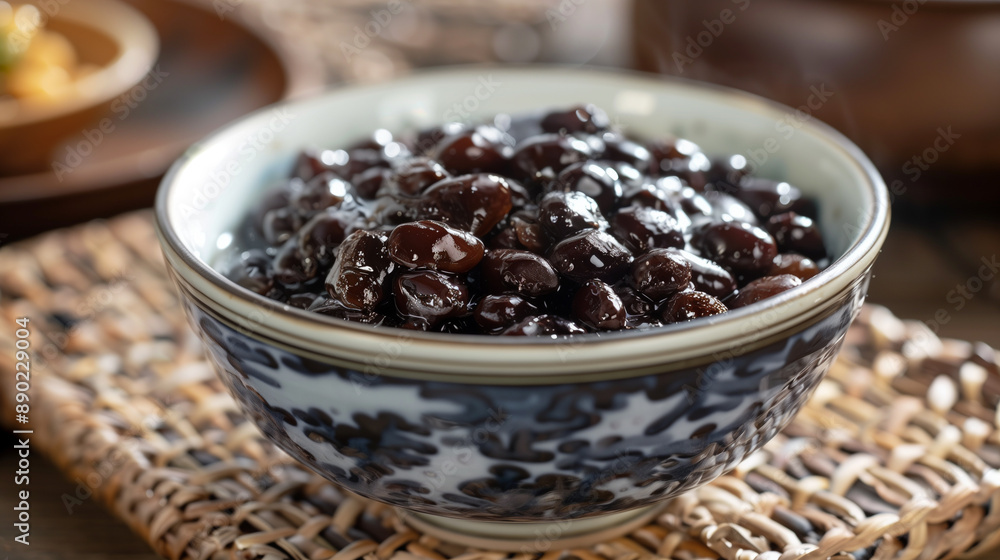 Bowl of salted fermented black beans with shiny dark surface on a woven placemat Bowl of salted fermented black beans with shiny dark surface on a woven placemat
