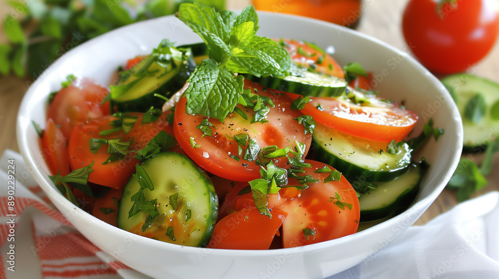 Bowl of tomato and cucumber salad tossed in a tangy vinaigrette garnished with fresh mint leaves Bowl of tomato and cucumber salad tossed in a tangy vinaigrette garnished with fresh mint leaves