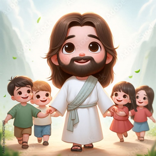 Cute Cartoon Jesus with Children