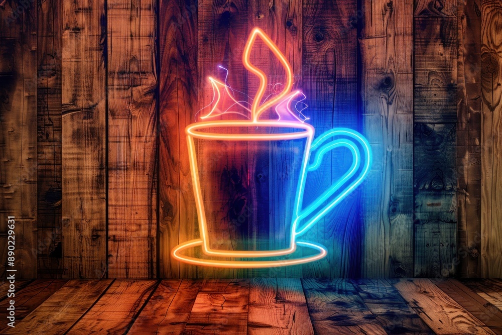 Glowing neon hot beverage cup on a rustic wooden wall Glowing neon hot beverage cup on a rustic wooden wall