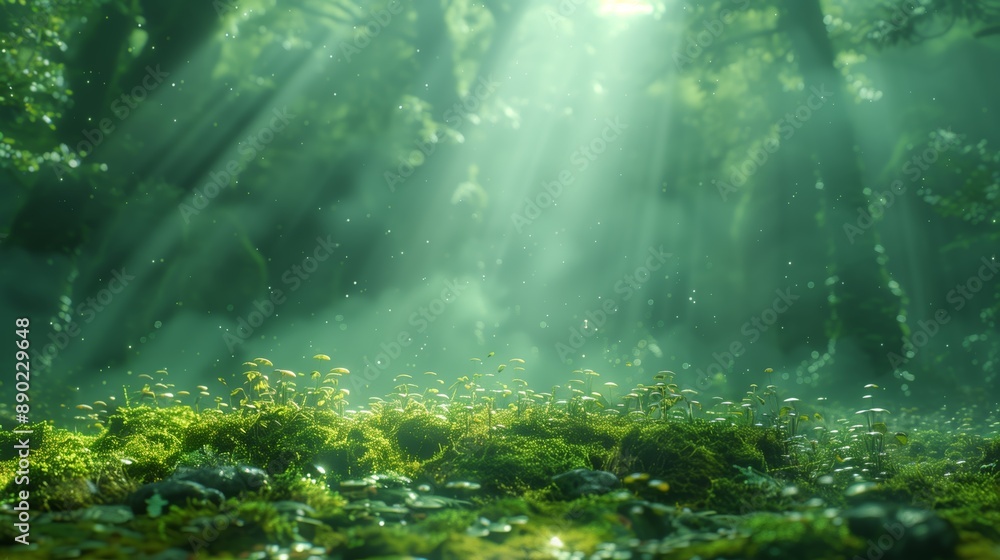 Obraz premium Sunlight Illuminates Lush Green Forest Floor