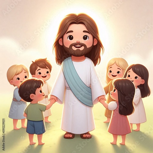 Cute Cartoon Jesus with Children