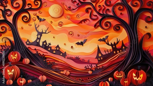 3D Quilled Paper Art Orange Halloween Background with Haunted Castel, trees, pumpkins and bats.