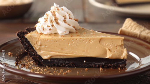 Decadent peanut butter pie with a creamy peanut butter filling and a chocolate cookie crust topped with whipped cream photo