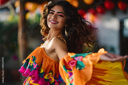 Beautiful young woman in a colorful dress dancing flamenco