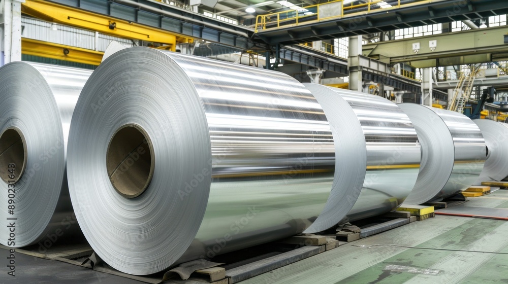 A factory with a lot of silver metal rolls A factory with a lot of silver metal rolls
