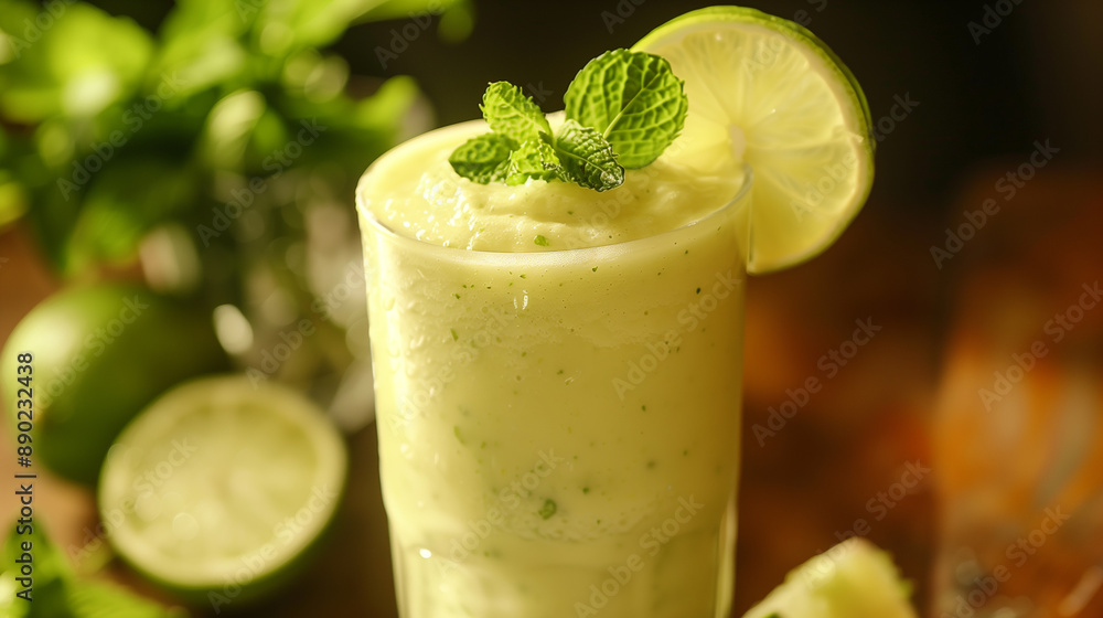 Zesty lime and mint smoothie displayed in a tall glass with a lime wheel on the rim and fresh mint leaves for garnish Zesty lime and mint smoothie displayed in a tall glass with a lime wheel on the rim and fresh mint leaves for garnish