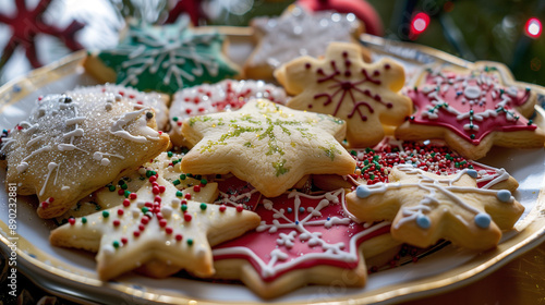 Freshly baked Christmas cookies with stars bells and snowflakes decorated with icing