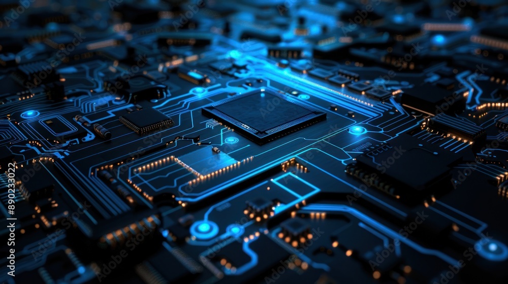Circuit Board with Blue Glowing Lines Circuit Board with Blue Glowing Lines