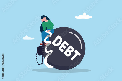 Debt or NPL problem, loan or lending crisis, overspending mistake causing debt burden, recession or bankruptcy, credit default concept, young woman with overdue bill payment chained with debt burden.