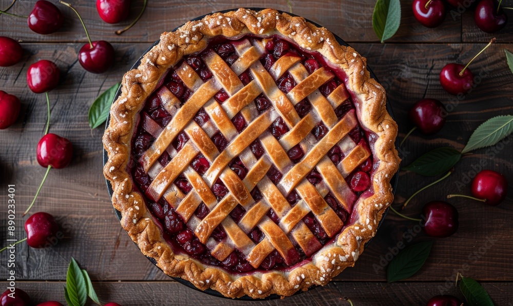 Fresh flavored cherry pie on wooden dark background, perfect for recipe website and cooking school Fresh flavored cherry pie on wooden dark background, perfect for recipe website and cooking school