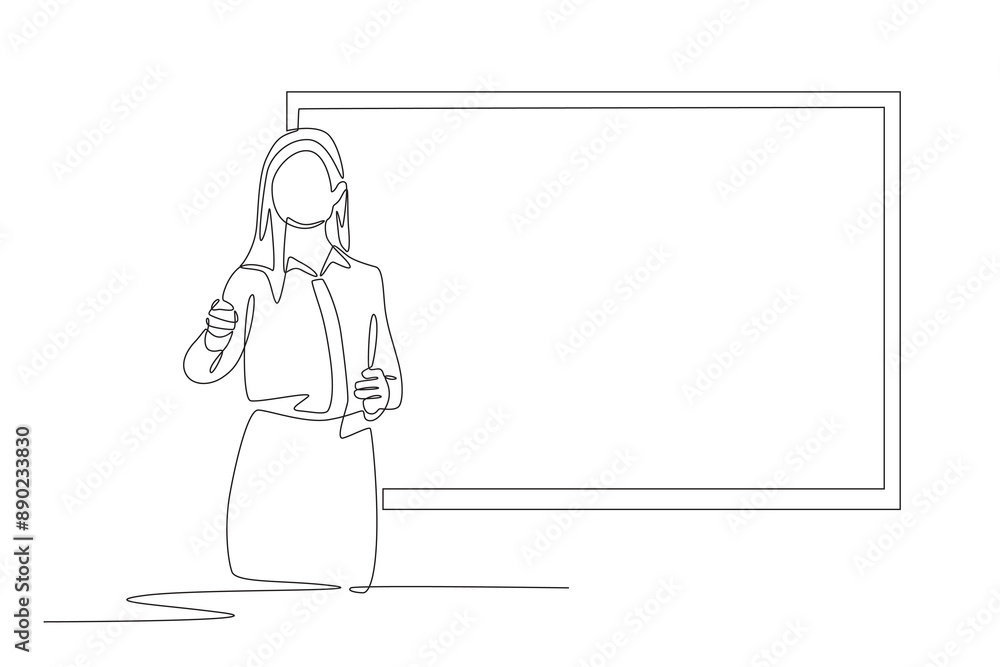 Female teacher teaching in class. Teacher in classroom concept one-line drawing Female teacher teaching in class. Teacher in classroom concept one-line drawing