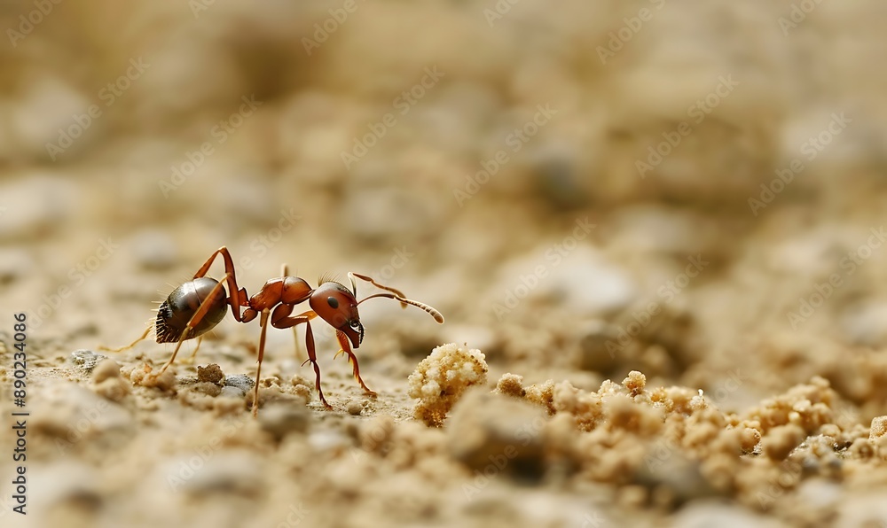 Close up of ant carrying a food crumb across a textured surface, illustrating teamwork Close up of ant carrying a food crumb across a textured surface, illustrating teamwork