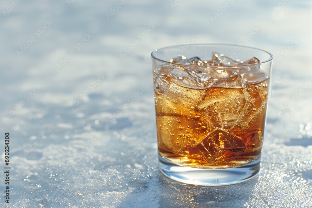Chilled glass of whiskey with ice cubes on a reflective surface set against a cool and serene background capturing the essence of relaxation and sophistication Chilled glass of whiskey with ice cubes on a reflective surface set against a cool and serene background capturing the essence of relaxation and sophistication
