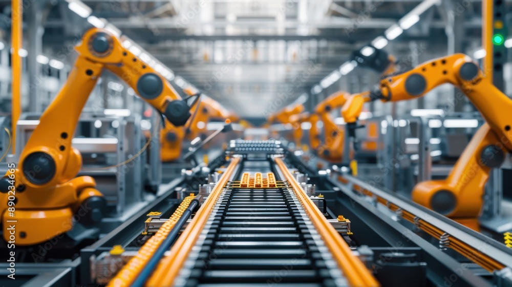 Automated robotic arms work on an assembly line in a modern industrial factory, showcasing advanced manufacturing technology. Automated robotic arms work on an assembly line in a modern industrial factory, showcasing advanced manufacturing technology.