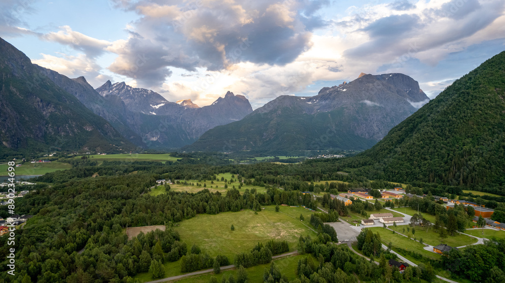 Obraz premium fjord and mountains in Andalsnes with the sunset and lake, summer in Norway countryside Rauma