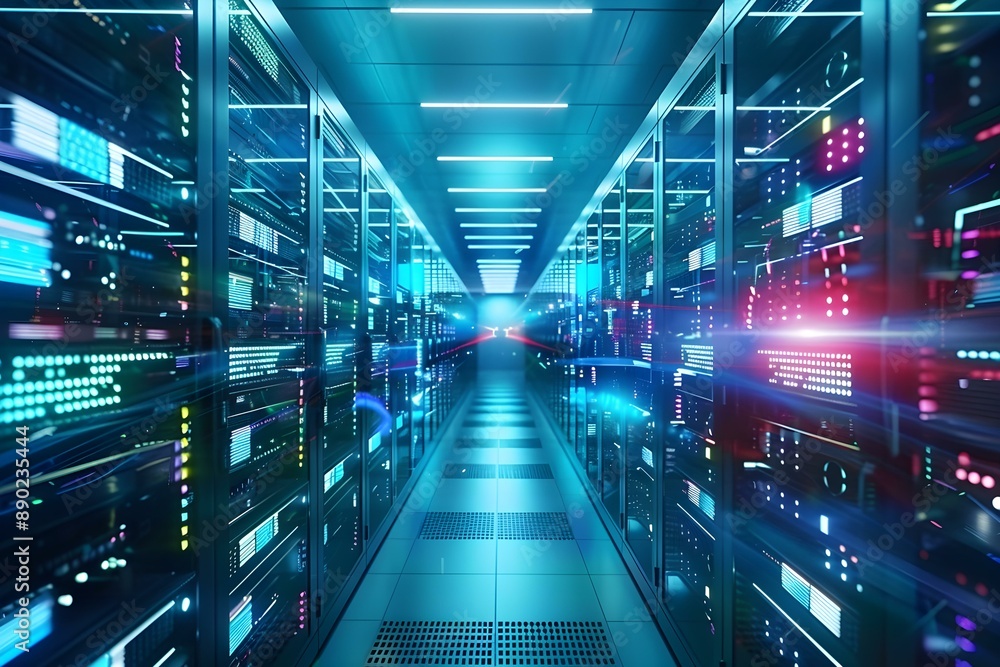 Futuristic AI data corridor, showcasing advanced technology, artificial intelligence, high tech digital infrastructure, innovative tech environment Futuristic AI data corridor, showcasing advanced technology, artificial intelligence, high tech digital infrastructure, innovative tech environment