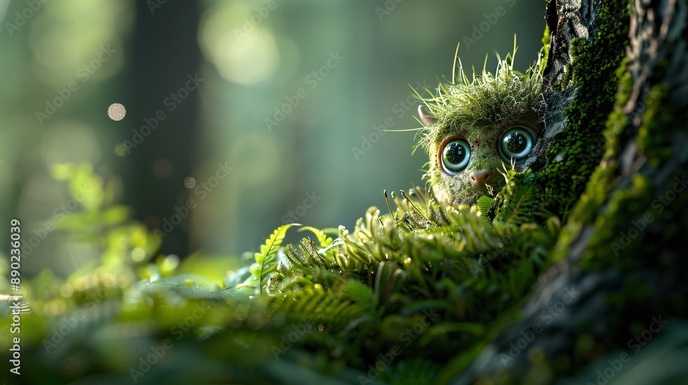 Playful 3D Cute Monster Peeking from Behind Tree in Enchanted Forest Scene Playful 3D Cute Monster Peeking from Behind Tree in Enchanted Forest Scene