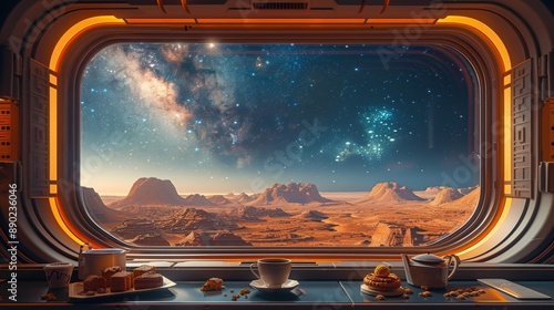 Fototapeta Naklejka Na Ścianę i Meble -  Futuristic space dining with a view of mars - generative ai