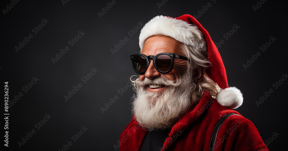 Smiling Santa Claus with sunglasses and a red jacket against a black background Smiling Santa Claus with sunglasses and a red jacket against a black background
