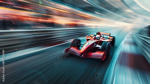 Racing car at high speed. Racer on a racing car passes the track. Motor sports competitive team racing. Motion blur background. 