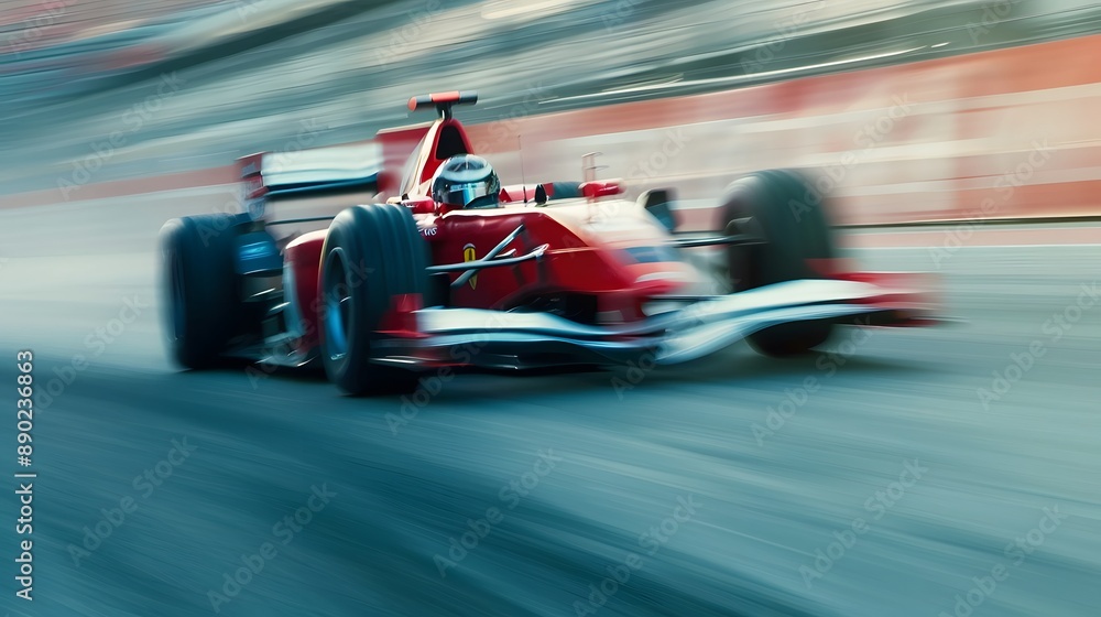 Fototapeta premium Racing car at high speed. Racer on a racing car passes the track. Motor sports competitive team racing. Motion blur background.