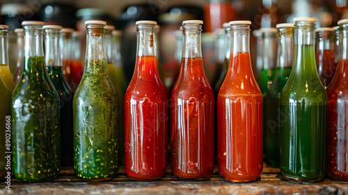 Glass bottles of vibrant red and green fermented hot sauces neatly arranged on a shelf