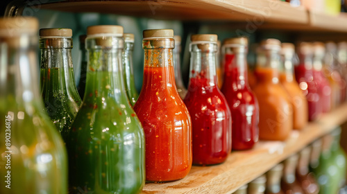 Glass bottles of vibrant red and green fermented hot sauces neatly arranged on a shelf