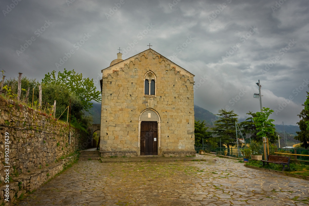 Fototapeta premium Church of Volastra with cloudy sky, Liguria, Italy